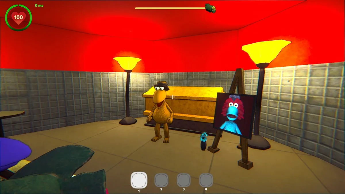A yellow puppet in a hat beside a closed golden coffin and a portrait of a blue puppet on an easel in a red room