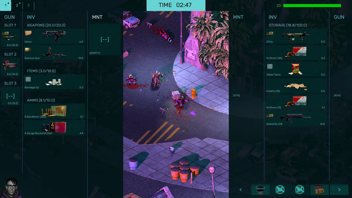 Dual-sided arsenal management screen showing Obrez and Rasmus Gun weapon slots with a neon-lit street combat viewport centered between them