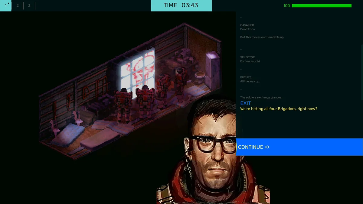Barracks dialogue scene with soldiers at a window as Cavalier discusses hitting all four Brigadors in the story's opening briefing