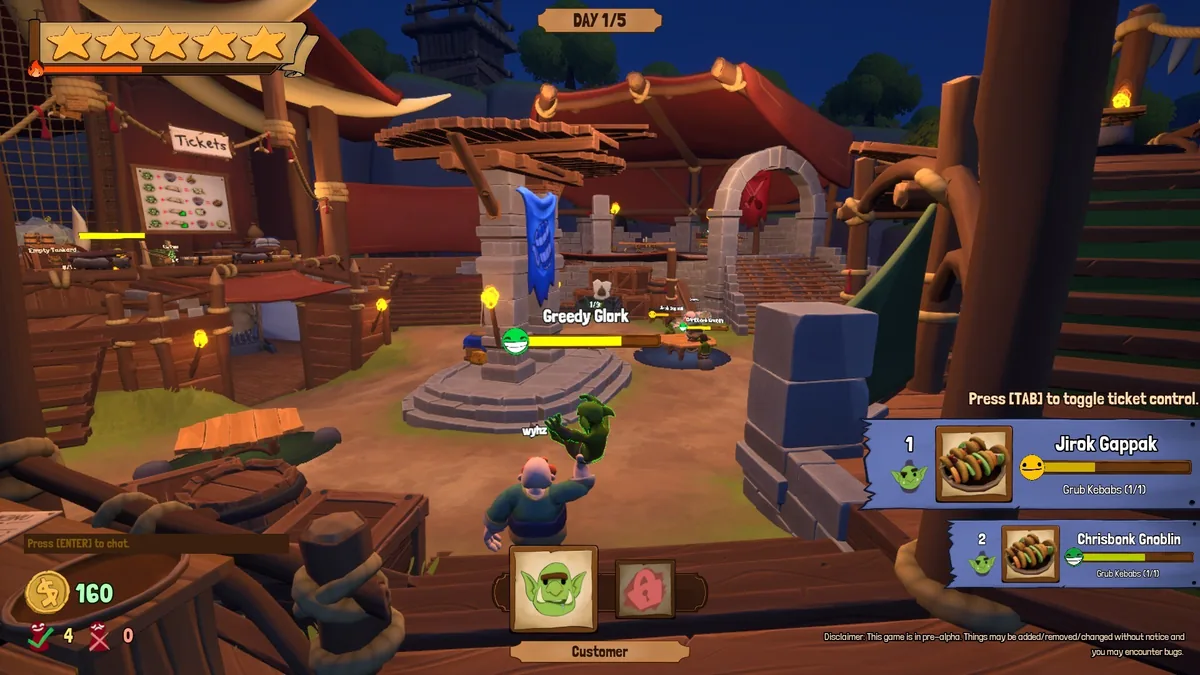 A nighttime Bronzebeard's Tavern 2 courtyard with a named customer, Greedy Glork, waiting near a torch-lit stone dais, a "Tickets" recipe board on the left, and order tickets for Jirok Gappak and Chrisbonk Gnoblin on the right