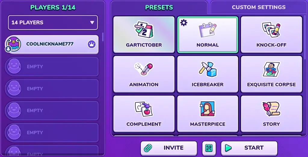 Gartic Phone lobby showing Players 1/14, an empty player list, and preset mode tiles including Normal, Knock-Off, Animation, Icebreaker and Story