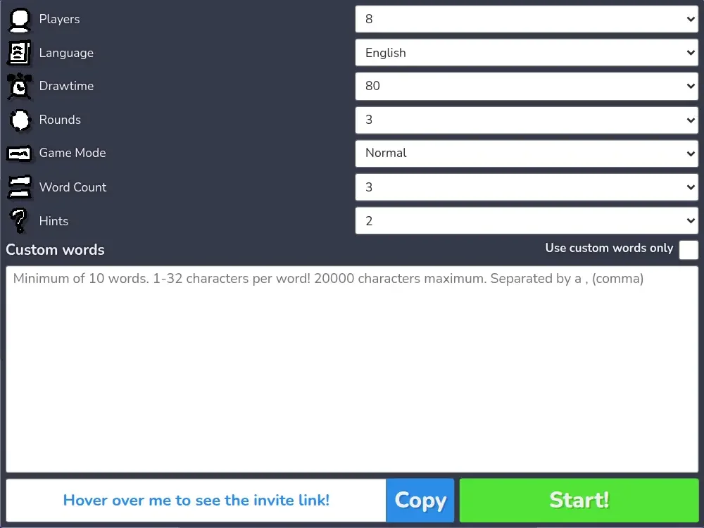 skribbl.io private room settings panel with Players set to 8, Drawtime 80, Rounds 3, Normal game mode, and an empty custom words box