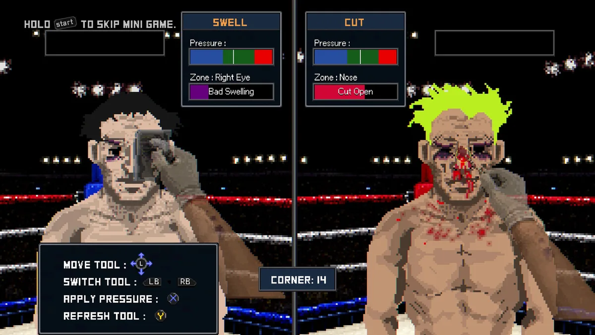 Between rounds, a cornerman treats a swollen eye and a bloody nose on two pixel-art boxers with pressure gauges for each injury