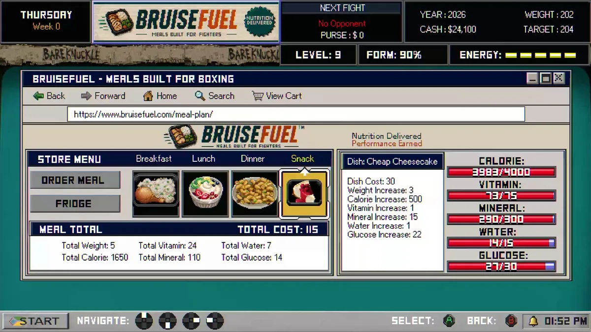 A pixel-art meal planner on an in-game computer lists dishes with calorie, vitamin, water and glucose bars