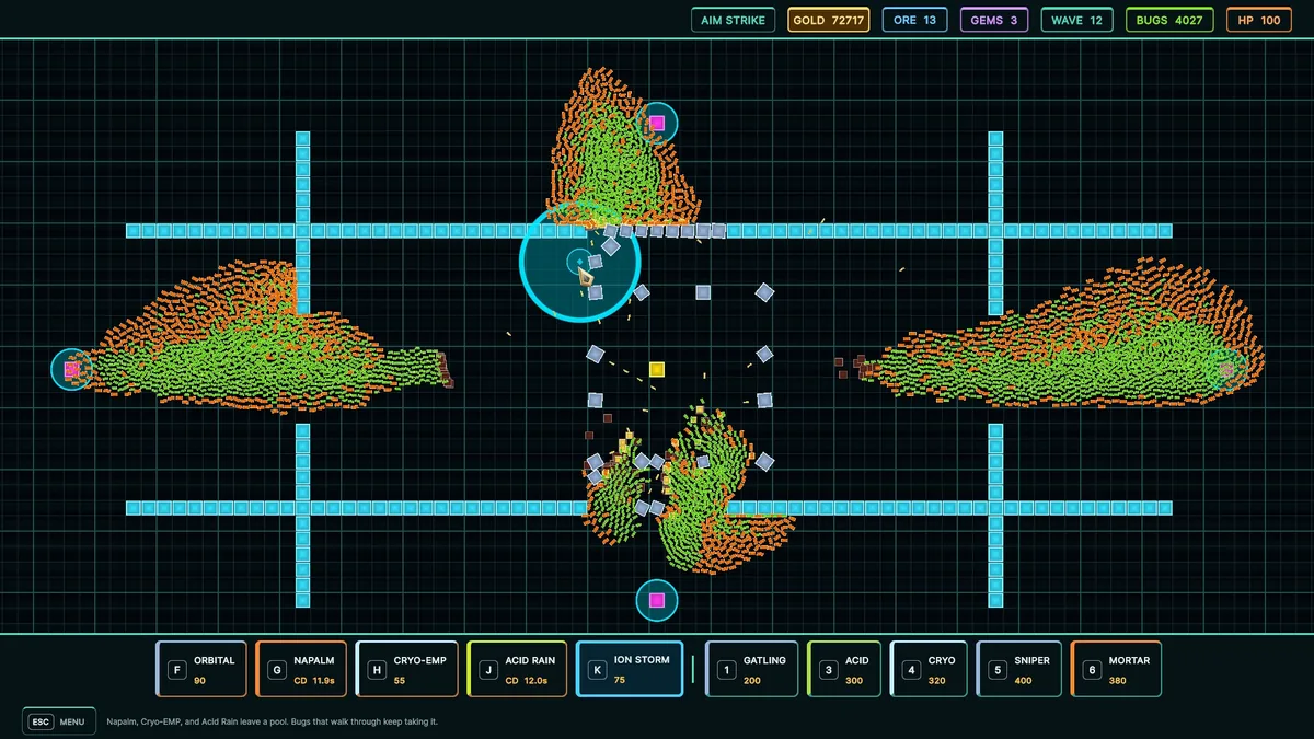 A live gameplay screenshot shows Wave 12 with 4,027 bugs remaining, 72,717 gold banked, and a hotbar of named towers and powers including Orbital, Napalm, Gatling, Acid, and Mortar along the bottom of the screen