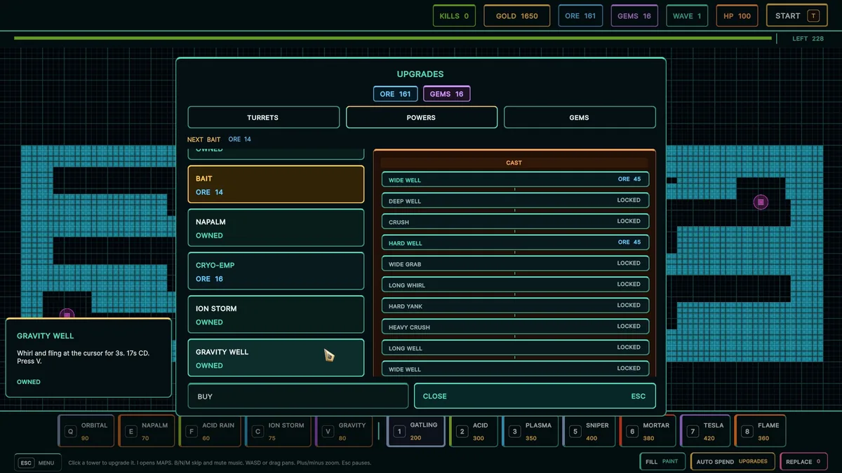 Upgrade panel lists Bait, Napalm, Cryo-EMP, Ion Storm, and Gravity Well above a tower hotbar