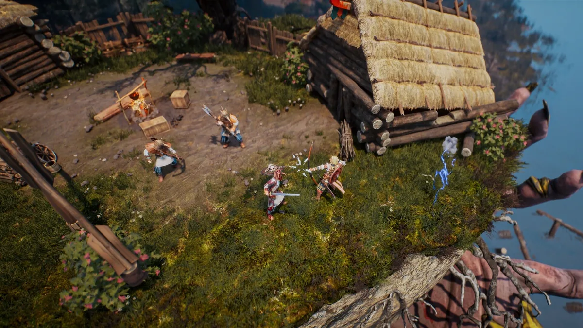 Bylina protagonist Kestrel in combat stance against folklore creature in dark forest clearing with top-down view