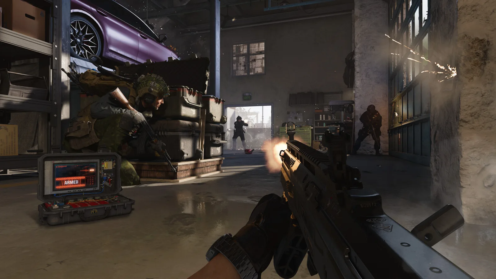 First-person view firing a rifle in a garage while a teammate crouches by crates next to an open case reading ARMED