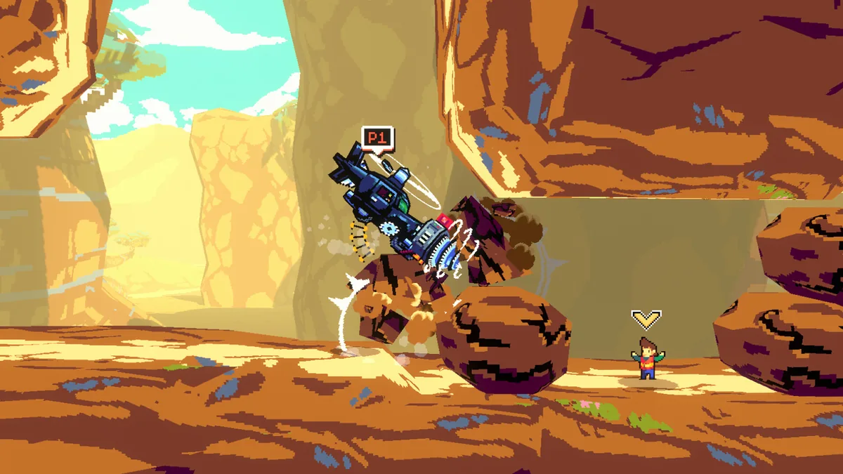 A P1-tagged helicopter crashes into rocky boulders in a desert canyon while a stranded pixel-art civilian in an orange vest reacts nearby