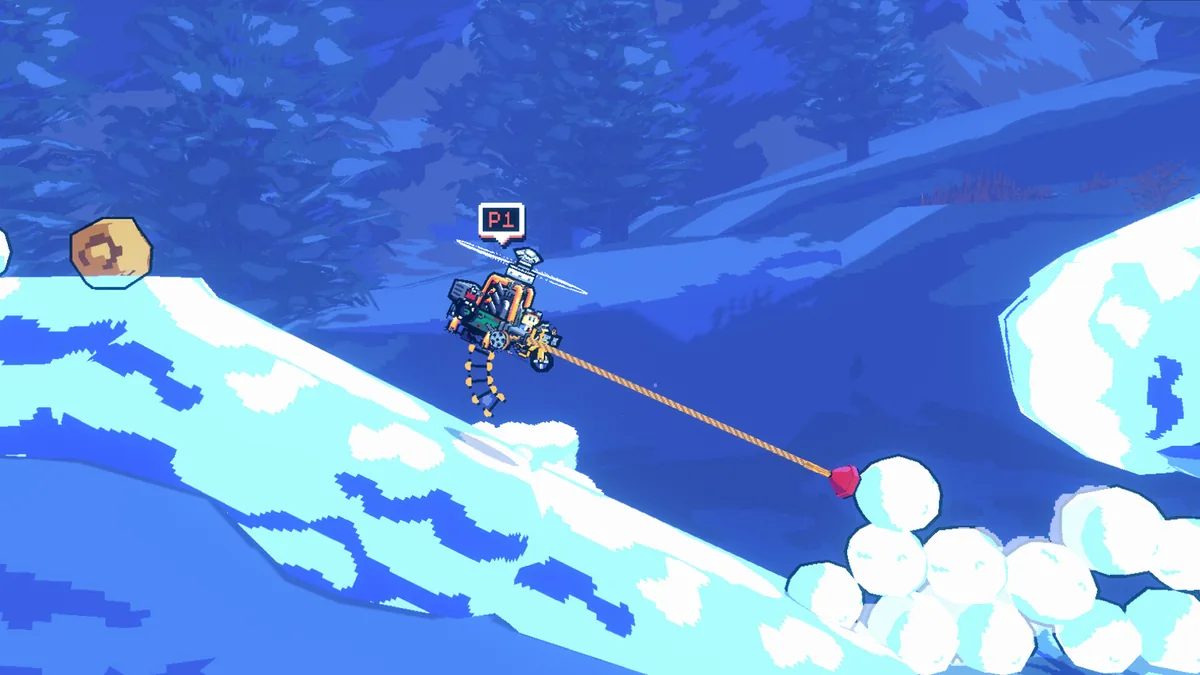 A P1-tagged helicopter tows a hooked rope attached to a red gem embedded in a pile of snowballs, flying over a snowy forest at night