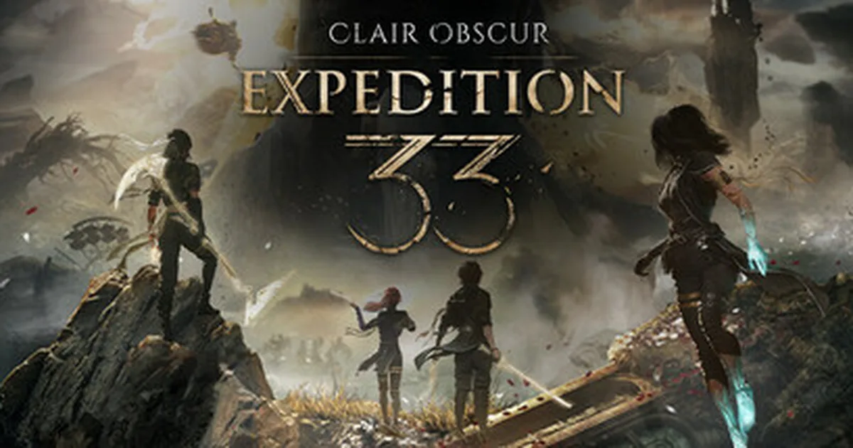 Clair Obscur Expedition 33 — Gustave and Maelle standing before a vast surreal landscape of floating islands and pale light
