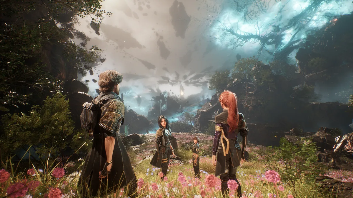 Clair Obscur Expedition 33 combat — Gustave and Maelle in a turn-based fight against floating enemies in a surreal landscape
