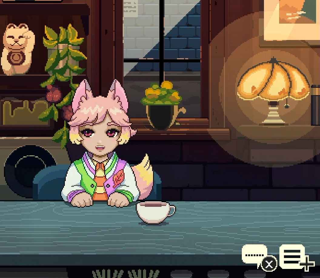 Close-up of Ayame at the Coffee Talk Tokyo counter with a finished cup of tea, wearing a pastel green and pink cardigan