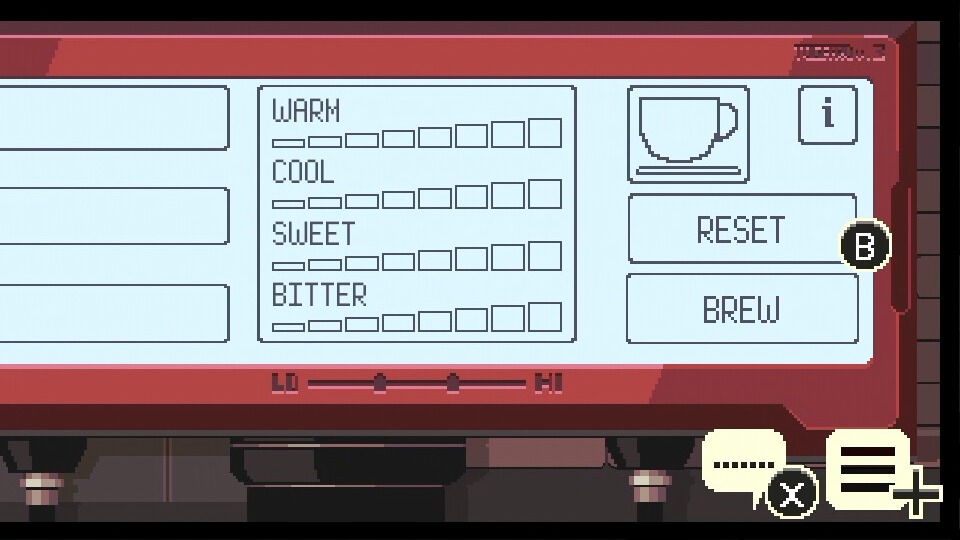 Coffee Talk Tokyo brewing panel close-up showing Warm, Cool, Sweet, and Bitter meters next to the Reset and Brew buttons