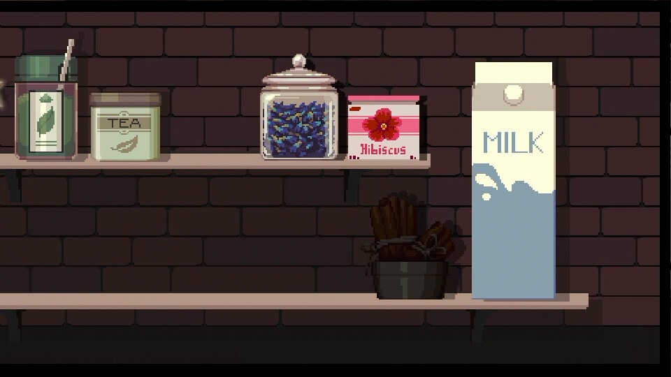 Close-up of the Coffee Talk Tokyo ingredient shelf showing labeled Tea, Hibiscus, and Milk containers behind the counter