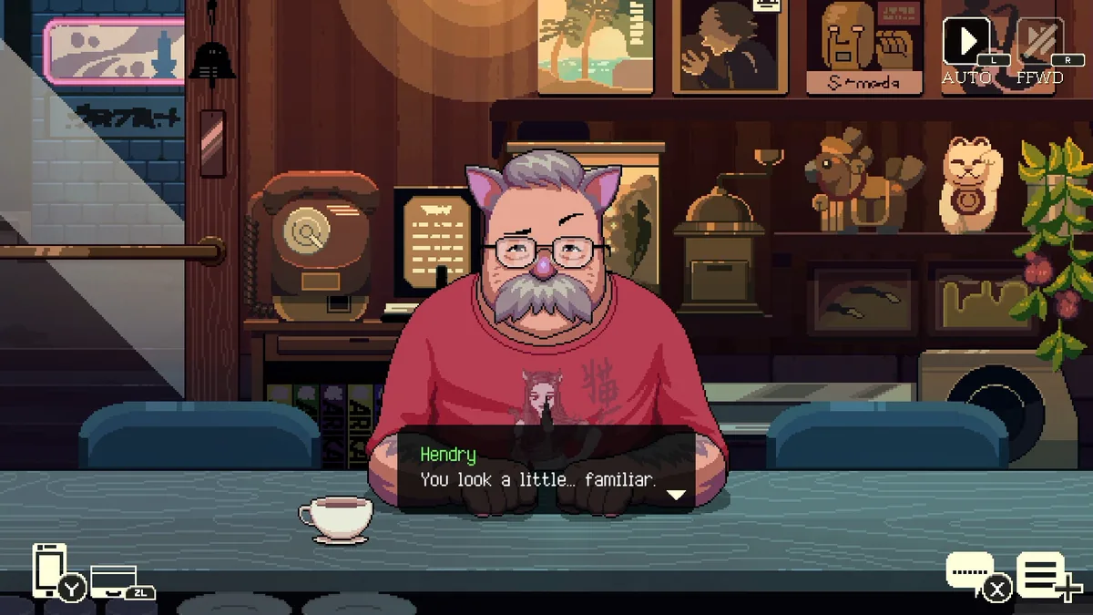 Hendry, a cat-eared elderly regular with a familiar expression, sitting at the cafe counter with a cup of tea, a dialogue box reading You look a little familiar