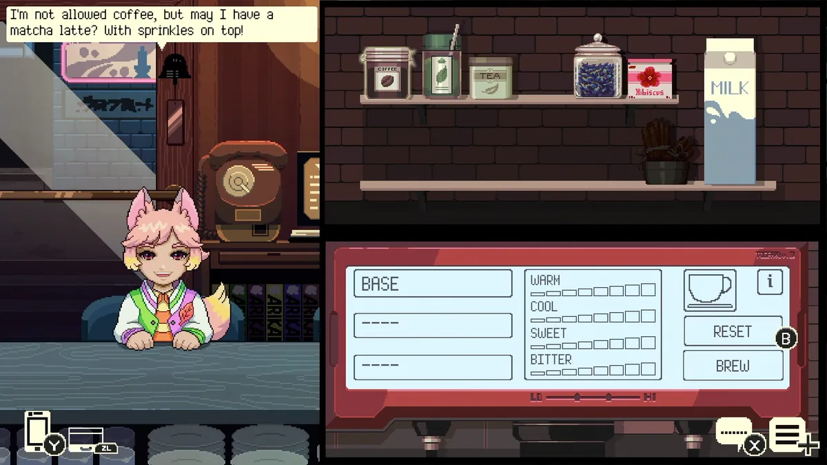 Coffee Talk Tokyo's drink order screen showing the ingredient shelf and a BASE selector with warm, cool, sweet, and bitter sliders next to a BREW button