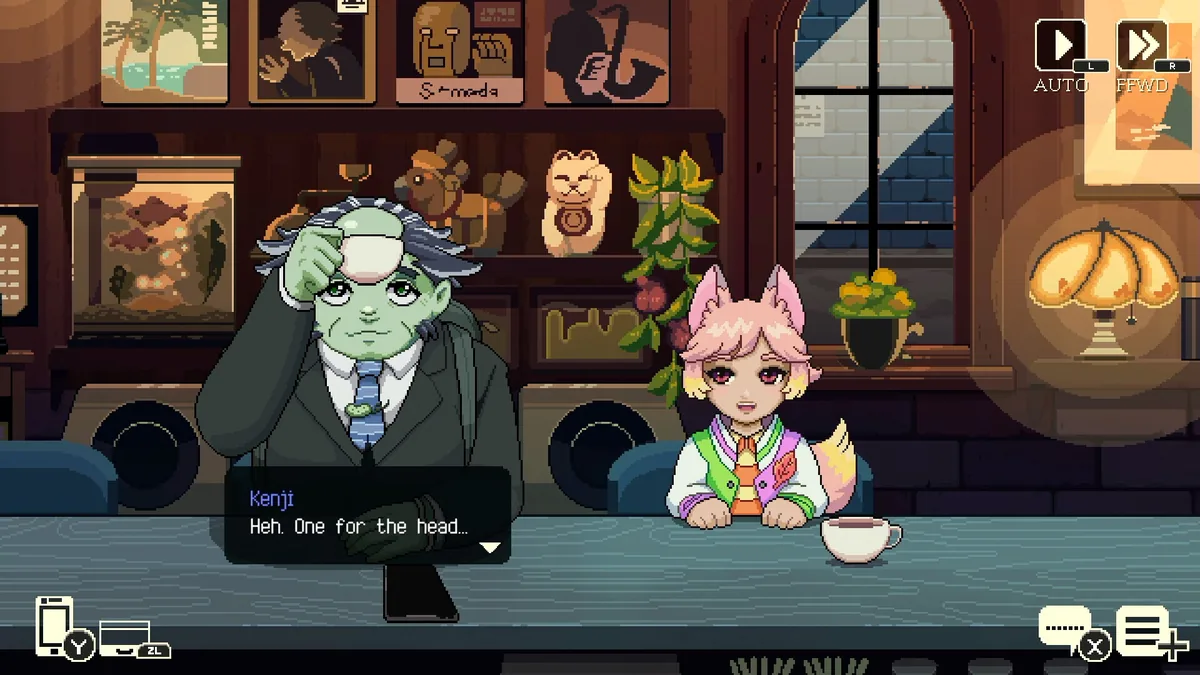 Kenji, a green-skinned yokai regular in a suit, mid-conversation at the counter with a pink-haired fox-eared companion character and a cup of tea between them