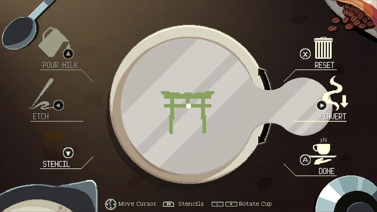 The latte art stencil tool with a torii gate design etched into the foam, with POUR MILK, ETCH, STENCIL, RESET, INVERT, and DONE controls labeled on screen