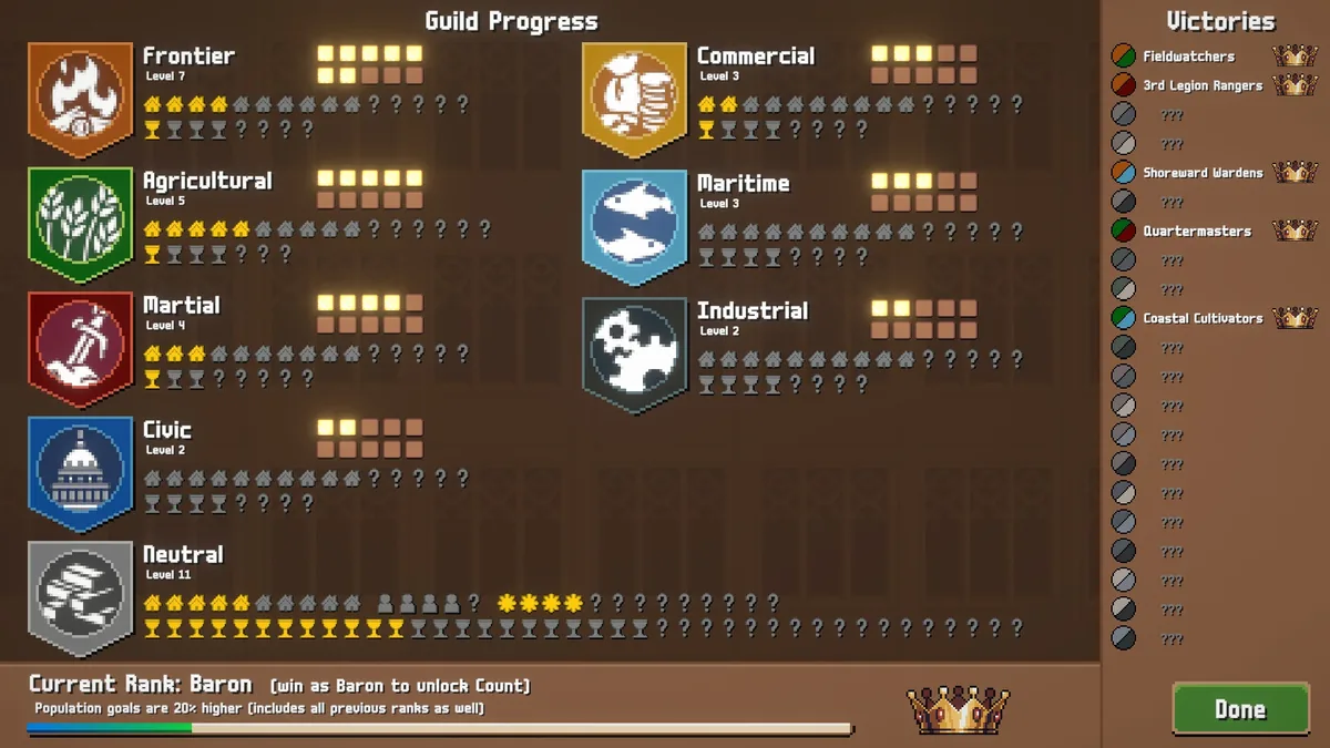 Guild Progress menu listing eight tracked guilds with milestone stars and a Victories log of named rival cities