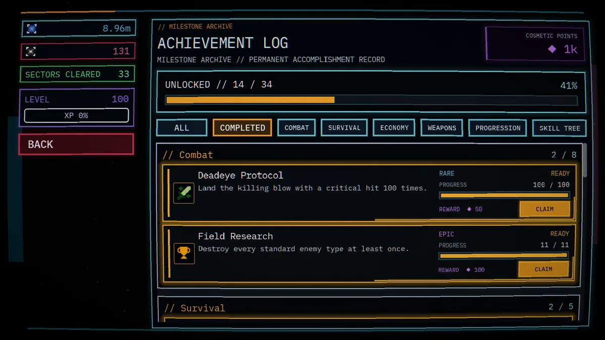 Core Crusher Achievement Log showing 14 of 34 achievements unlocked, with category tabs for Combat, Survival, Economy, Weapons, Progression, and Skill Tree
