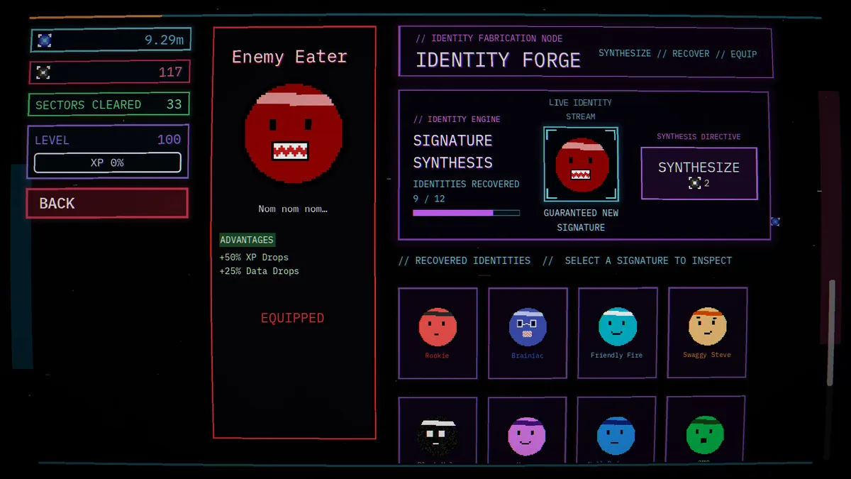 Core Crusher Identity Forge screen showing the Rookie identity's Enemy Eater perk and a grid of unlocked character portraits, 9 of 12 recovered