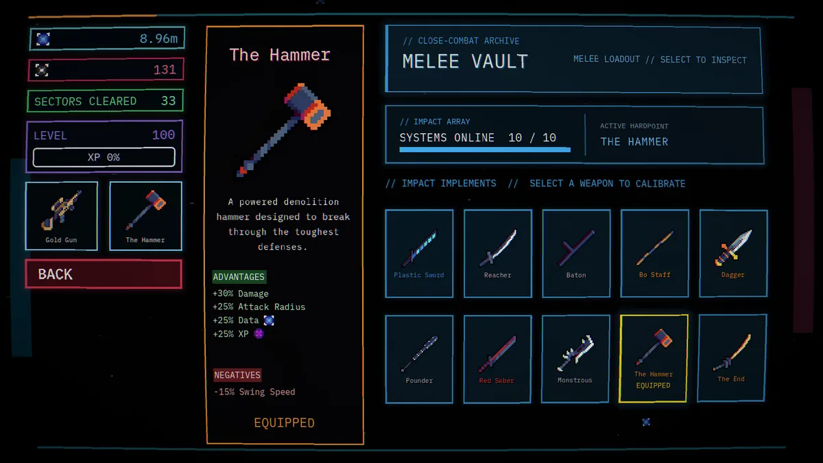 Core Crusher Melee Vault screen showing The Hammer equipped with +30% Damage and -15% Swing Speed, next to a grid of 10 named melee weapons