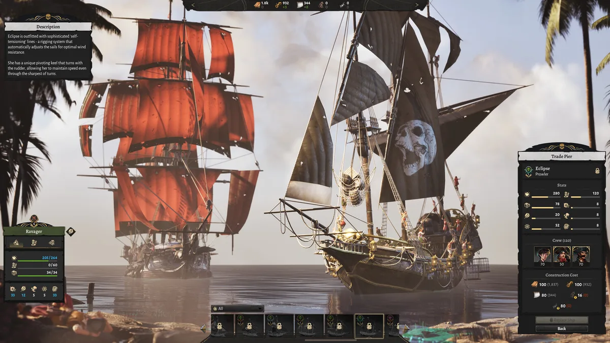 Corsair Cove production chain overview showing multiple tiers of buildings on a cliff-side island with ziplines connecting them and pirates carrying goods along bridges
