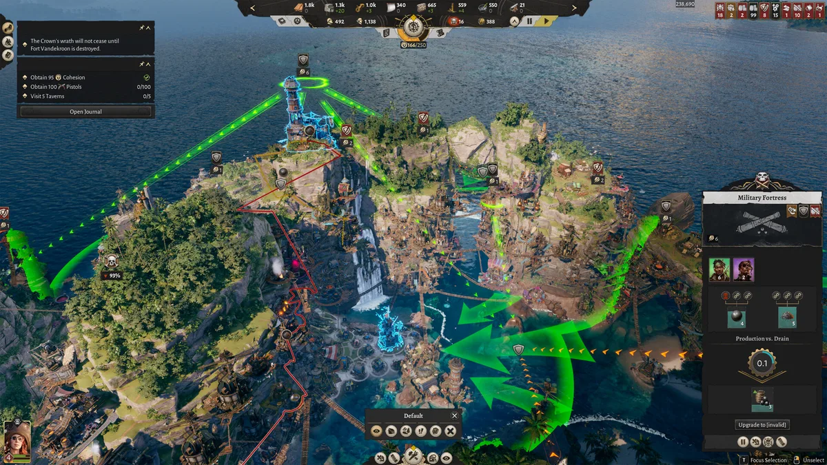 Corsair Cove harbor view with multiple ships docked and a growing settlement on the hillside, showing the naval expansion phase of the game with Crown ships visible on the horizon