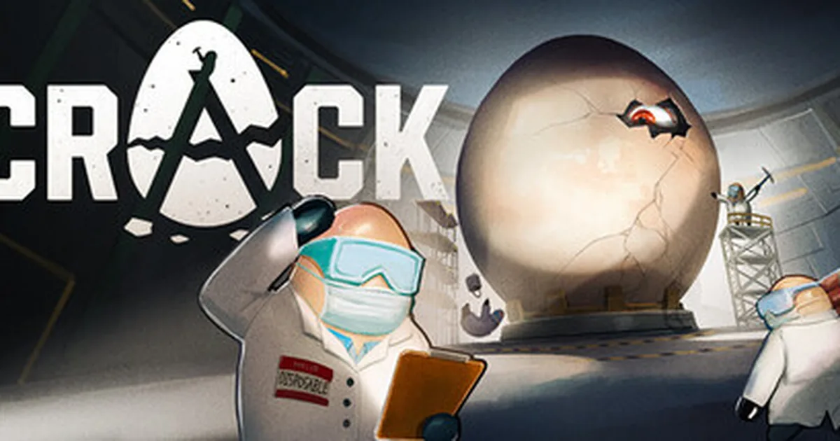 Two masked lab workers face a cracked giant egg beneath CRACK's stark white logo