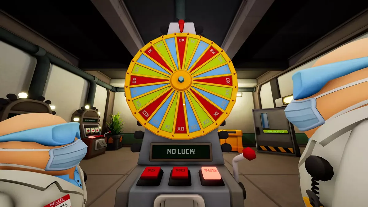 Prize wheel stops on NO LUCK in a staff room with slot machines while two masked workers watch