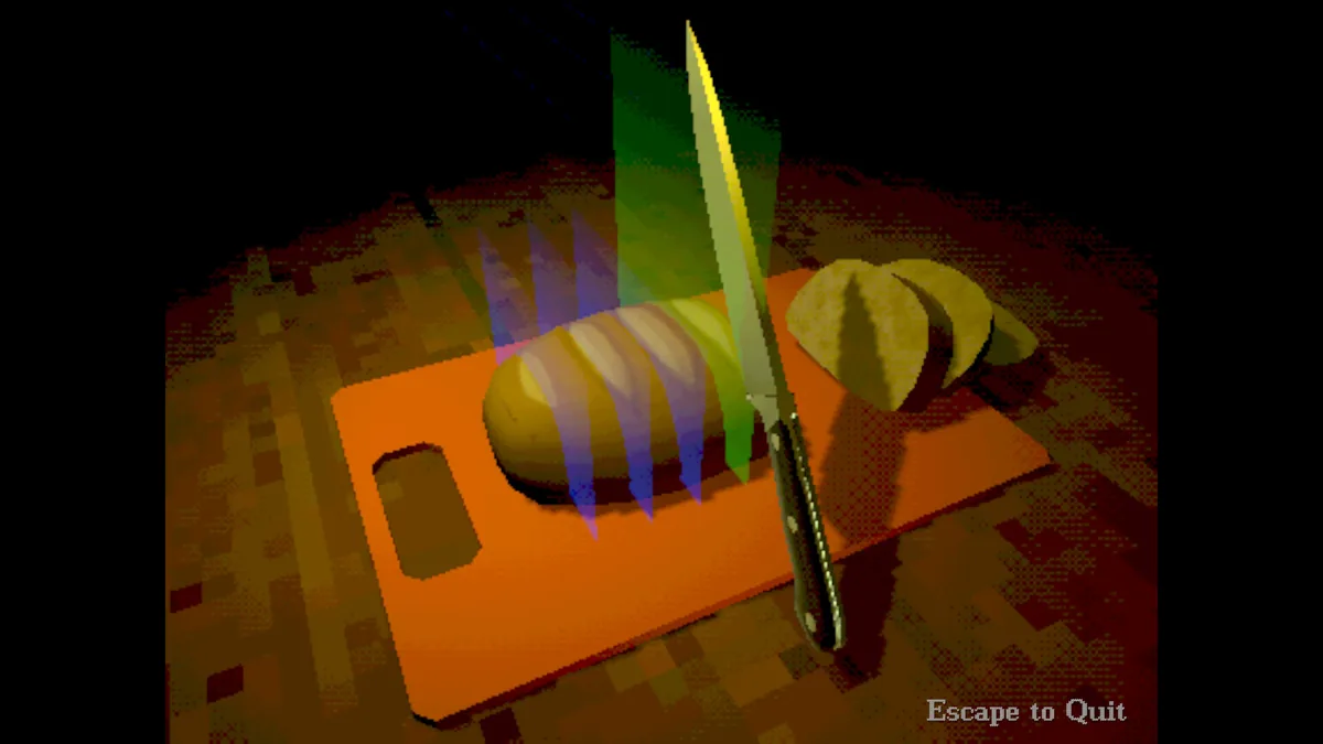 Chef's knife slicing a potato on an orange cutting board in Creature Kitchen, with a motion-blur trail showing the chopping animation