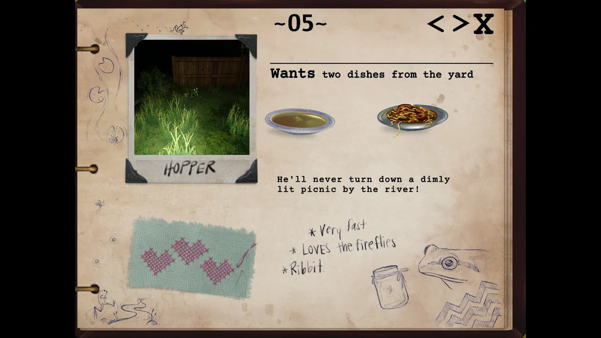 Creature journal scrapbook page for a frog character named Hopper in Creature Kitchen, showing a Polaroid photo, food requests, and hand-drawn notes