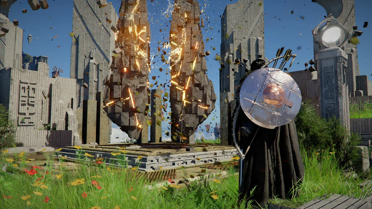 Crimson Desert parry flash: green light burst as protagonist's sword meets incoming enemy strike mid-animation