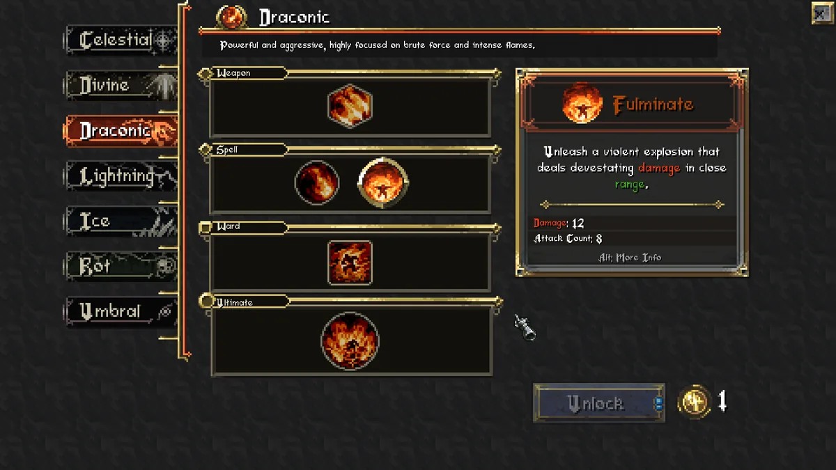 Cursemark class-selection screen showing the Draconic school tab active, with Fulminate listed as the Ultimate ability dealing 12 damage across an attack count of 8