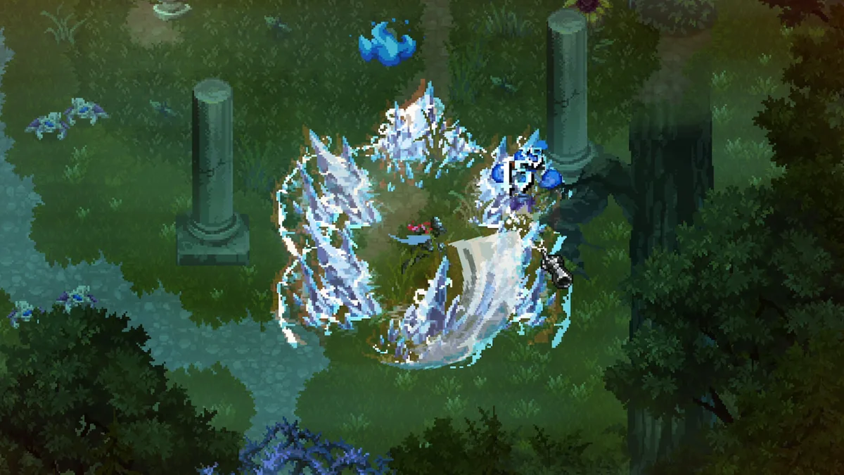 Cursemark player character triggering a crescent-shaped burst of ice crystals near two stone pillars in a garden ruin
