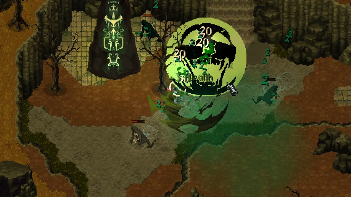 Cursemark player character caught in a glowing green skull-shaped area effect with poison damage numbers ticking upward in a swamp clearing