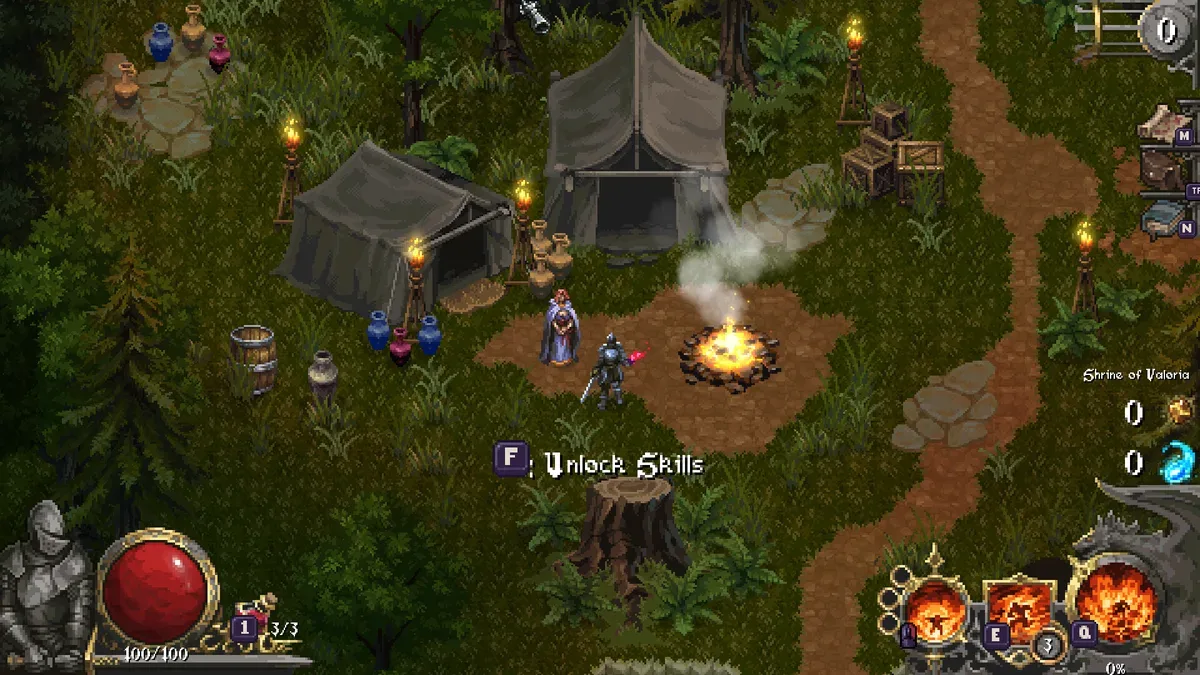 Cursemark top-down view of a dark forest stage with glowing corruption nodes and a path leading to a stone archway entrance