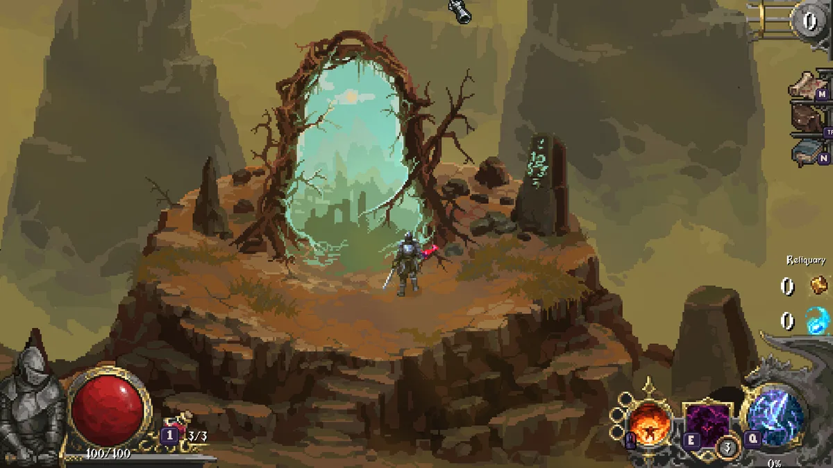 Cursemark player character holding a small glowing offensive spell in hand, approaching a glowing green portal at a ruined reliquary site