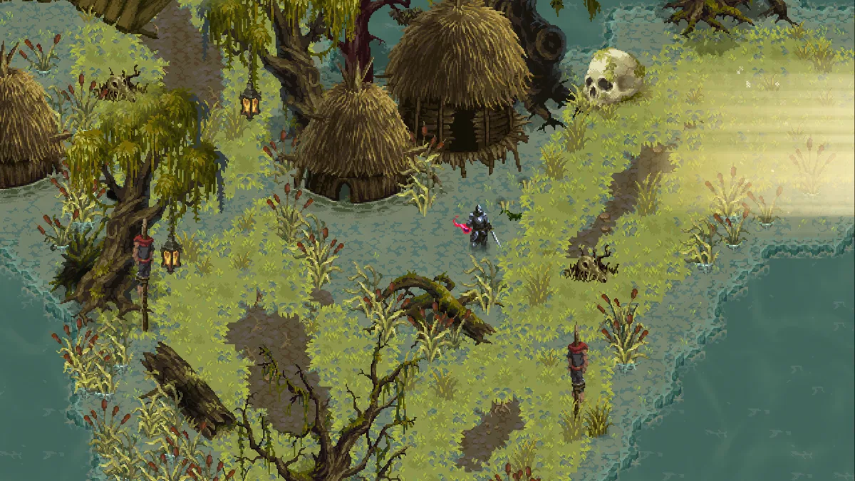 Cursemark player character exploring a swamp area with thatched huts, a skull, and murky green water