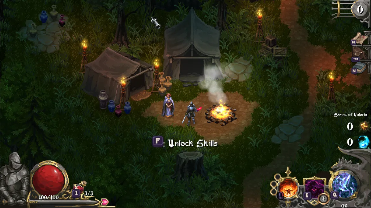 Cursemark knight and companion approaching a glowing Shrine of Valoria campfire in a forest camp, a sword visible in the knight's hand