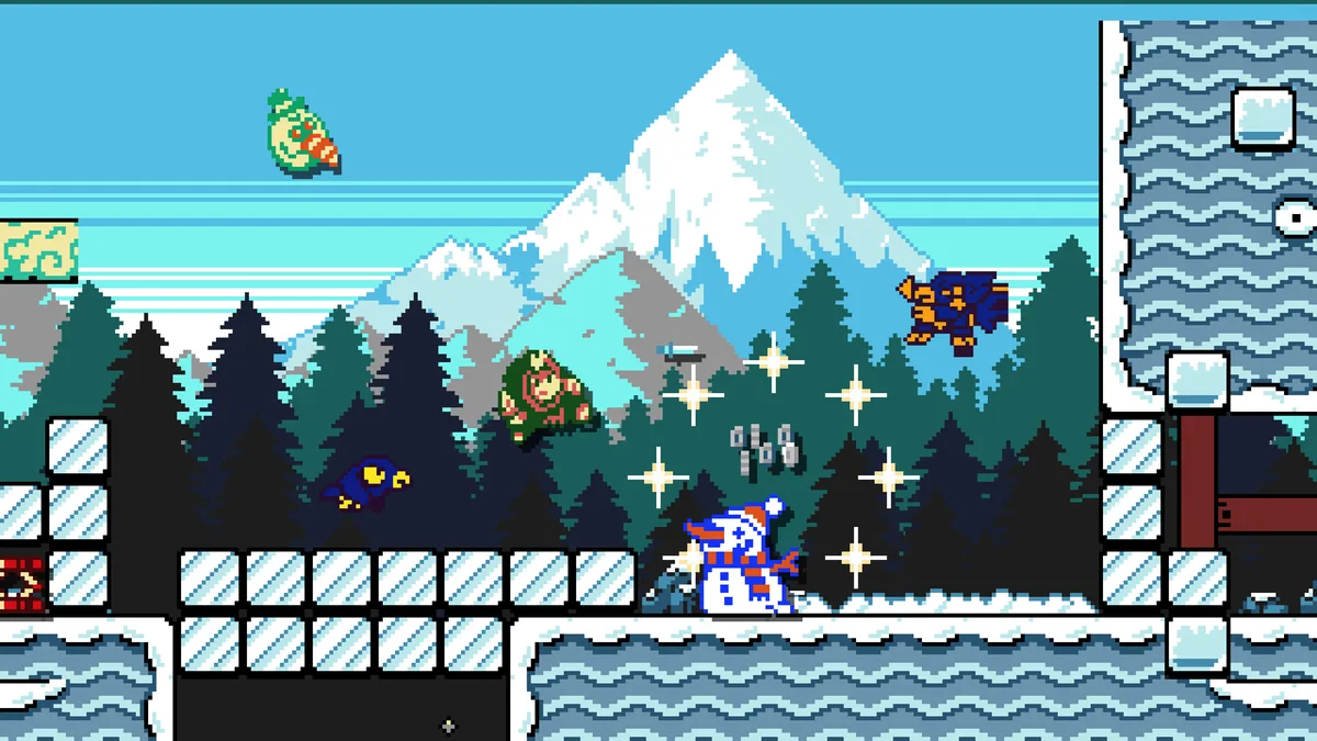 Dark Scrolls co-op run in a snowy biome with multiple heroes airborne near a snowman enemy and pine forest