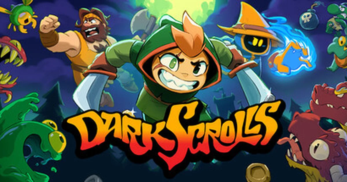 Dark Scrolls key art: hooded green-cloaked hero grinning at center, flanked by a bearded axe-wielding warrior and a masked blue-flame mage, surrounded by cartoon monsters and the game's logo