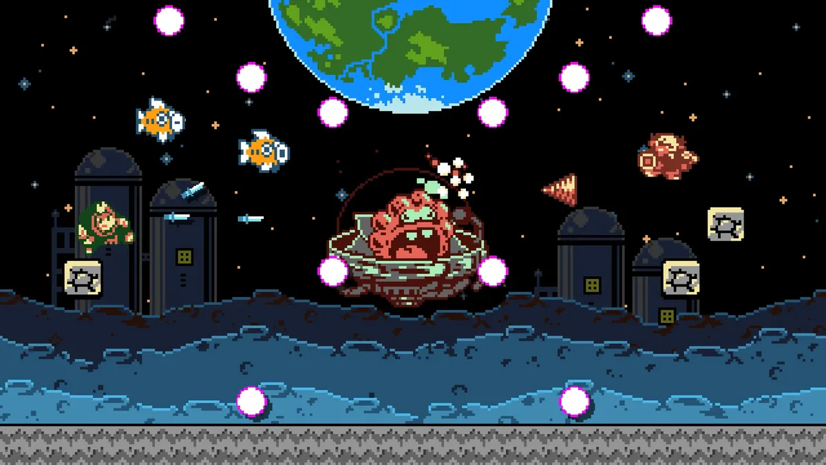 Dark Scrolls boss fight on a moon under a pixel-art Earth, a brain-like creature in a flying saucer spraying bullet rings at the hero
