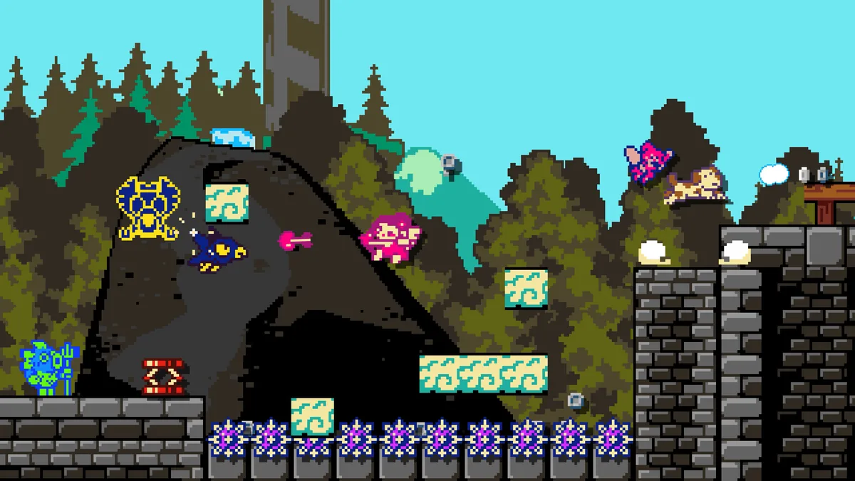 Dark Scrolls combat screen with Grizz launching axes at a cluster of dungeon enemies across a village-style stone floor zone