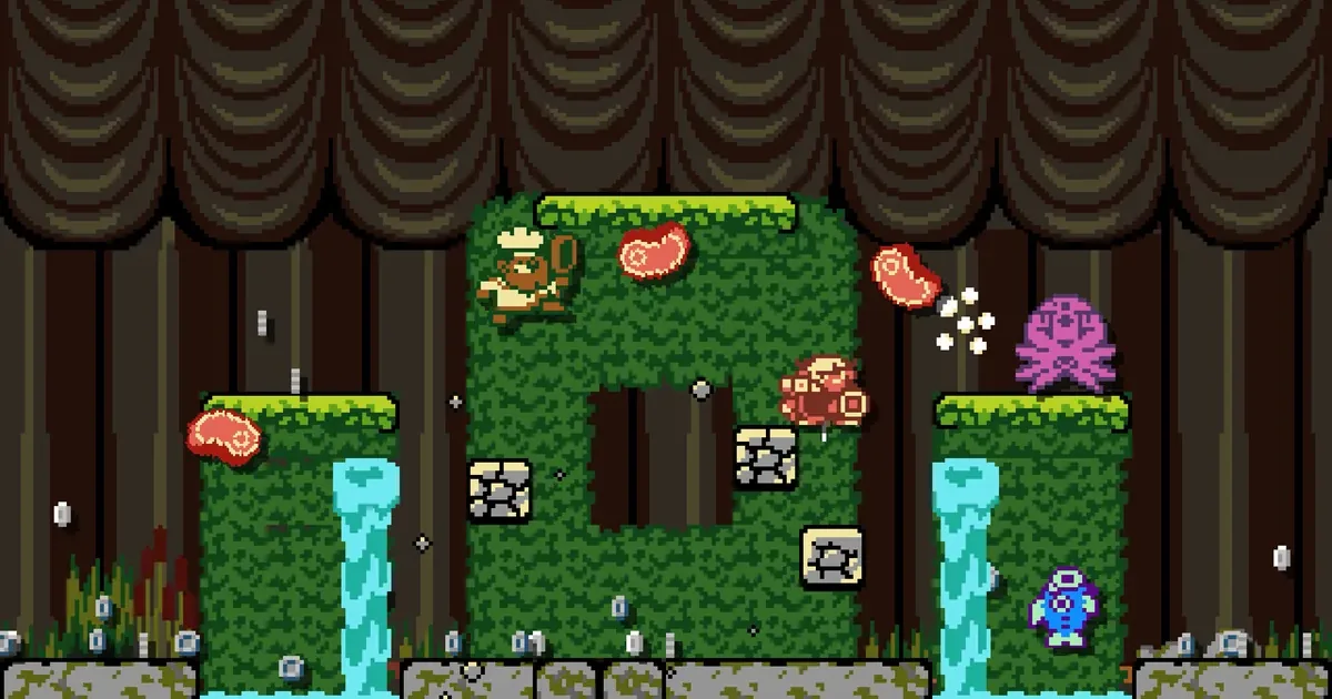 Dark Scrolls chef character throwing steaks across a jungle stage with waterfalls and pink octopus enemies visible on grass platforms