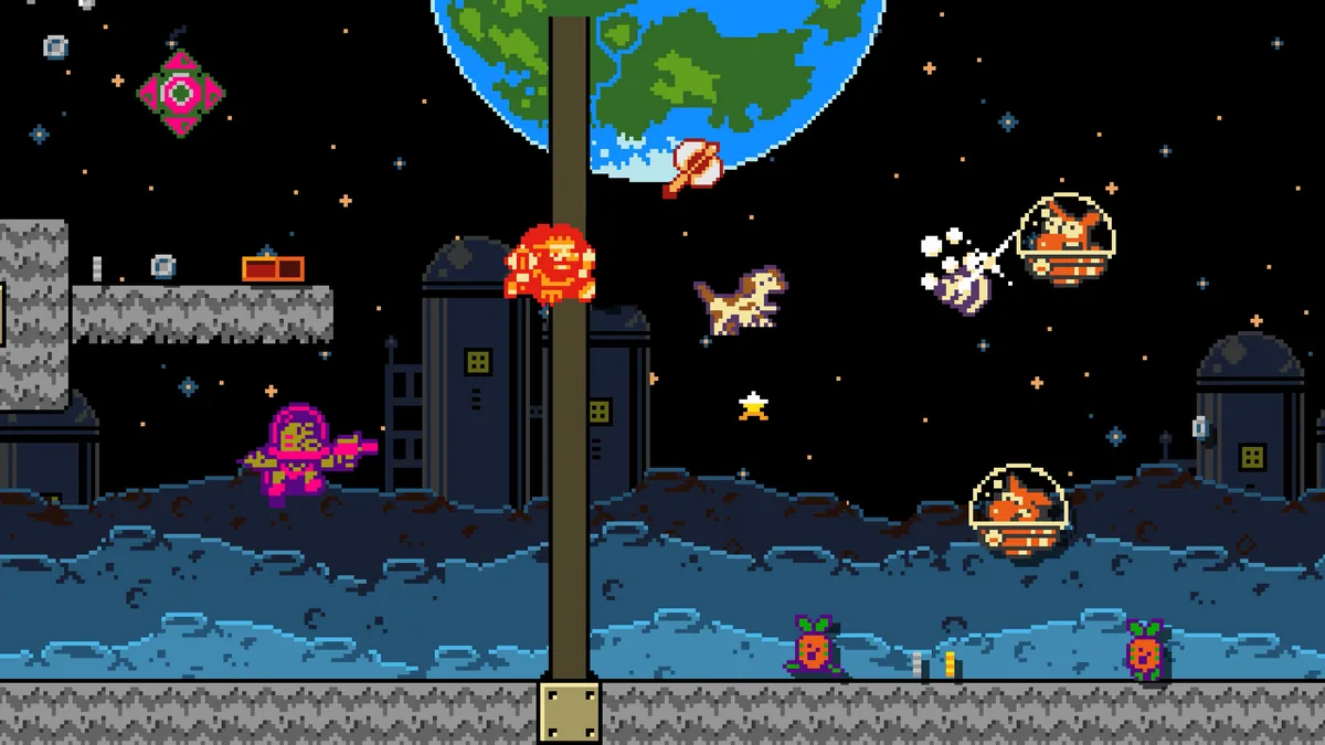 Dark Scrolls co-op gameplay showing two heroes fighting through a torch-lit dungeon hallway with glowing enemies and coin drops on screen