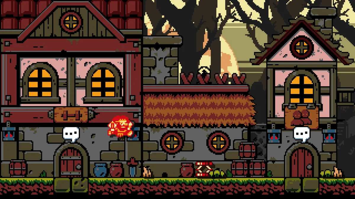 Dark Scrolls pixel-art village zone with a flaming red hero charging past skull enemies flanking two stone buildings