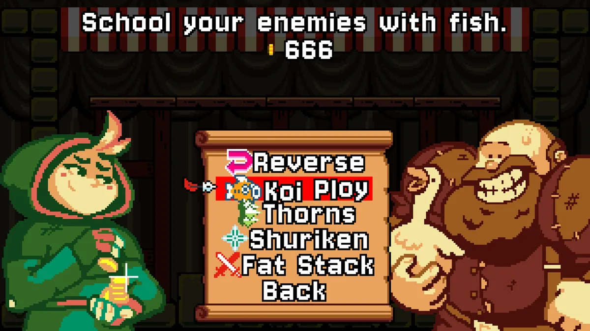 Dark Scrolls Bruce and Goose's Shoppe screen showing perk options including Koi Ploy, Thorns, Shuriken, and Fat Stack for 666 coins