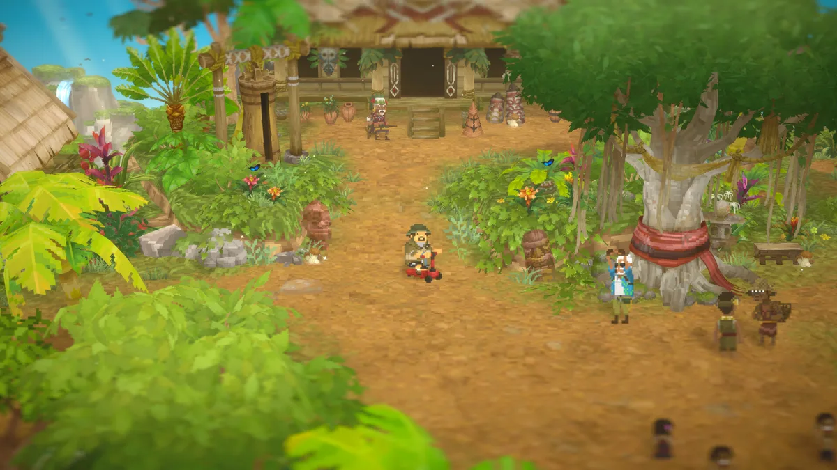 Utara Village exterior in the Dave the Diver jungle DLC, dirt paths and tiki-style huts with villagers gathered near a large wrapped tree